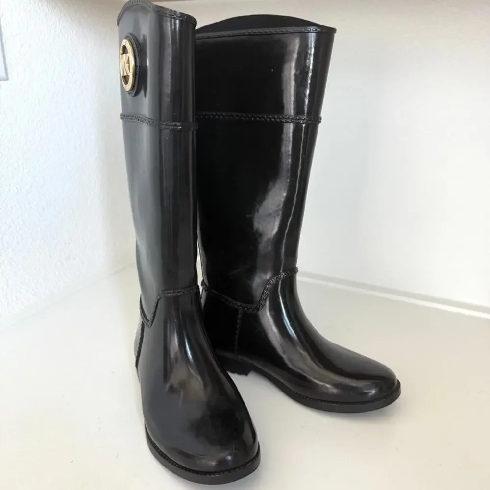 MICHAEL KORS Rain Boots Black Logo Knee High Waterproof Glossy Pull On‎ Size 7